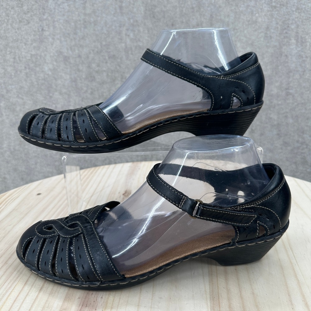 Clarks Wendy Land Sandals Womens 9.5 Black Leather Wedge Laser Cut Mary Jane